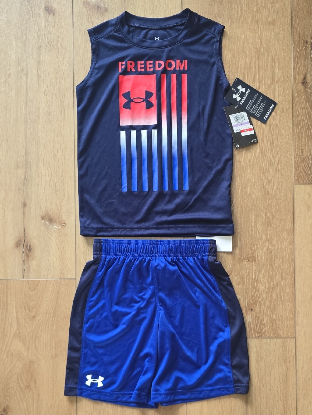 Under Armour Boys Freedom Flag Tank & Shorts Set Blue Red Athletic Outfit NWT